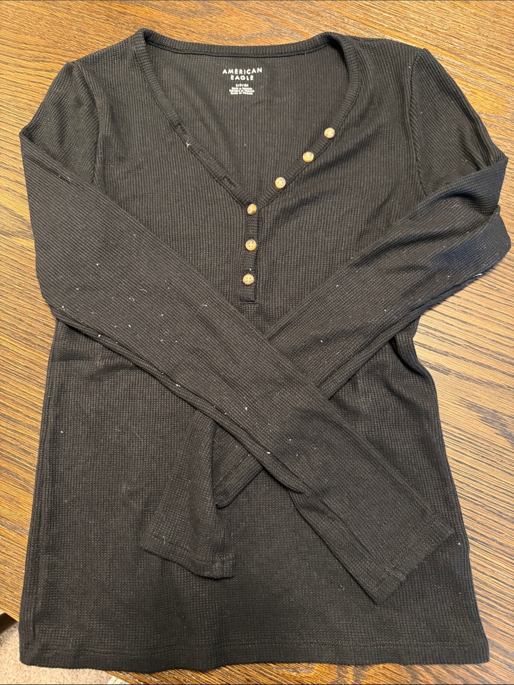 American Eagle Outfitters Black Long Sleeve Waffle Henley Top